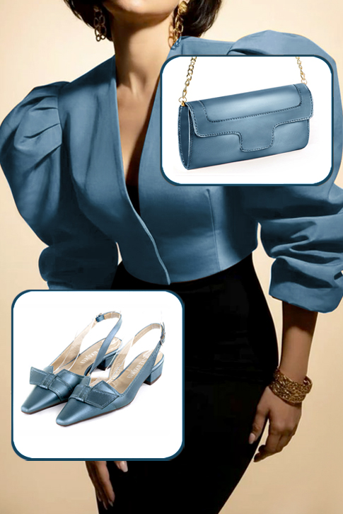 Women's peacock blue elegant slingback heels, with a bow on the front. Tapered toe. Low block heels - Top view
